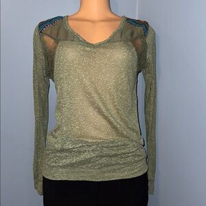 Stylish Moss Green Long Sleeve Top with Mesh and Woven Details, Size Small